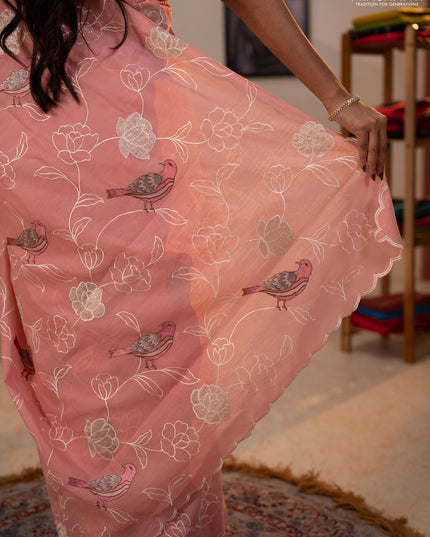 Mul chanderi saree peach pink with allover embroidery work and scallop border