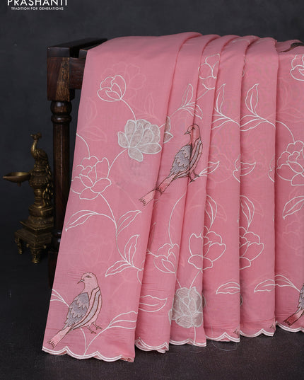 Mul chanderi saree peach pink with allover embroidery work and scallop border