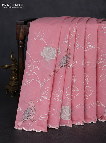 Mul chanderi saree peach pink with allover embroidery work and scallop border
