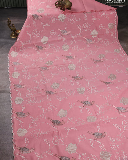 Mul chanderi saree peach pink with allover embroidery work and scallop border