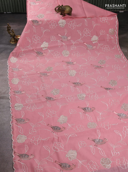 Mul chanderi saree peach pink with allover embroidery work and scallop border