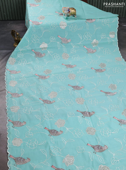 Mul chanderi saree teal blue with allover embroidery work and scallop border
