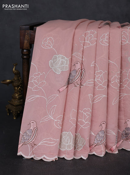Mul chanderi saree pastel pink shade with allover embroidery work and scallop border