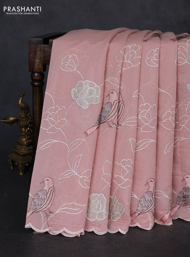 Mul chanderi saree pastel pink shade with allover embroidery work and scallop border