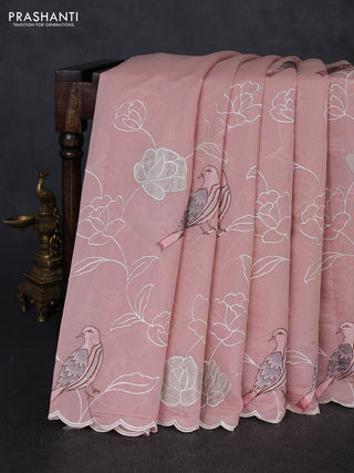 Mul chanderi saree pastel pink shade with allover embroidery work and scallop border