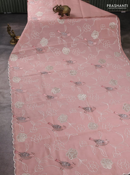 Mul chanderi saree pastel pink shade with allover embroidery work and scallop border