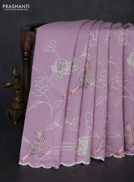 Mul chanderi saree lavender with allover embroidery work and scallop border