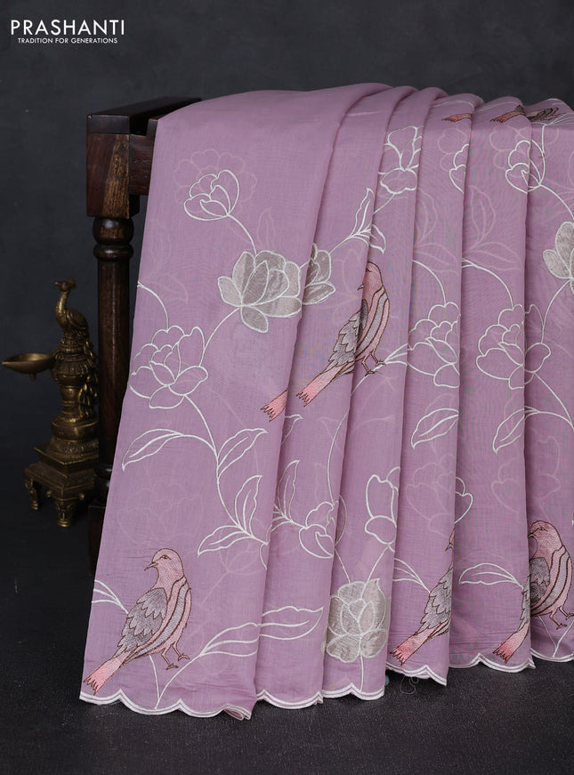 Mul chanderi saree lavender with allover embroidery work and scallop border