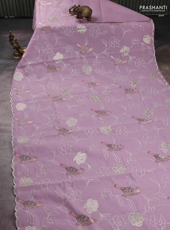 Mul chanderi saree lavender with allover embroidery work and scallop border
