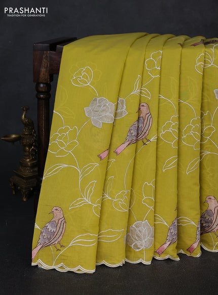 Mul chanderi saree lime yellow with allover embroidery work and scallop border