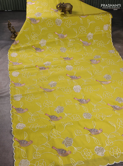 Mul chanderi saree lime yellow with allover embroidery work and scallop border