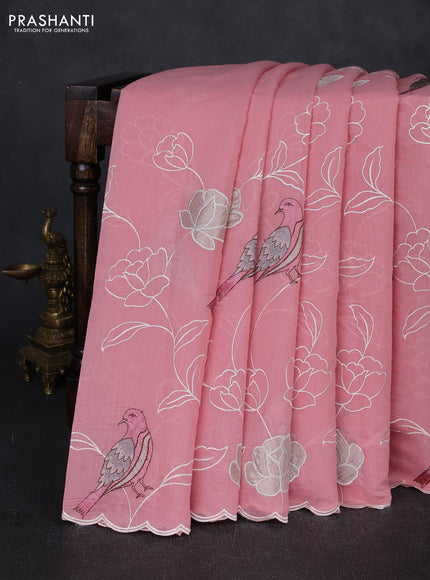 Mul chanderi saree peach pink with allover embroidery work and scallop border