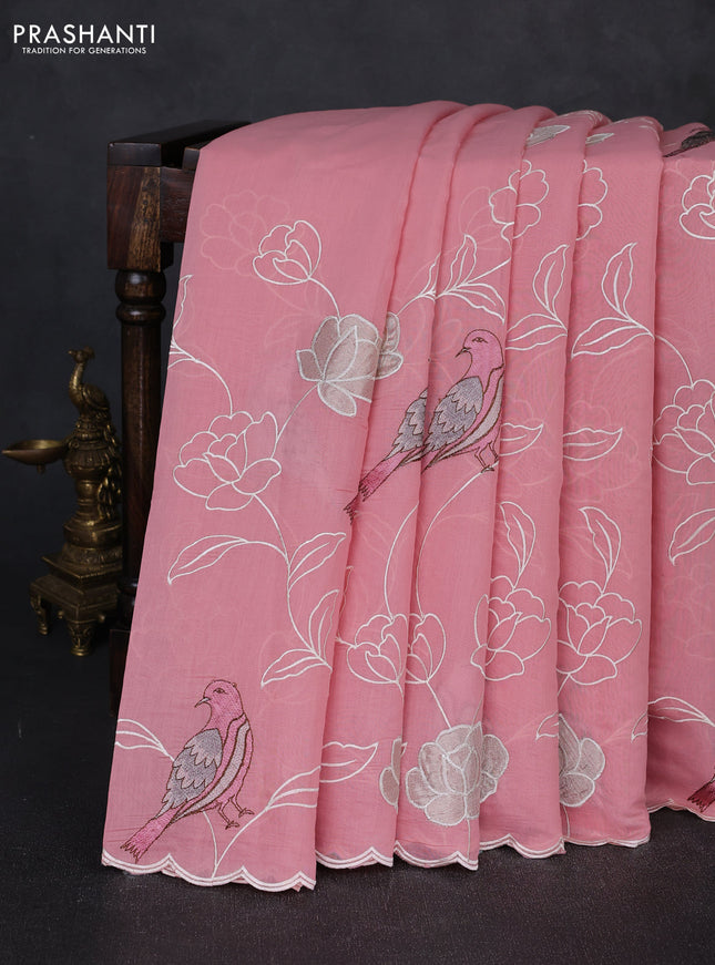 Mul chanderi saree peach pink with allover embroidery work and scallop border