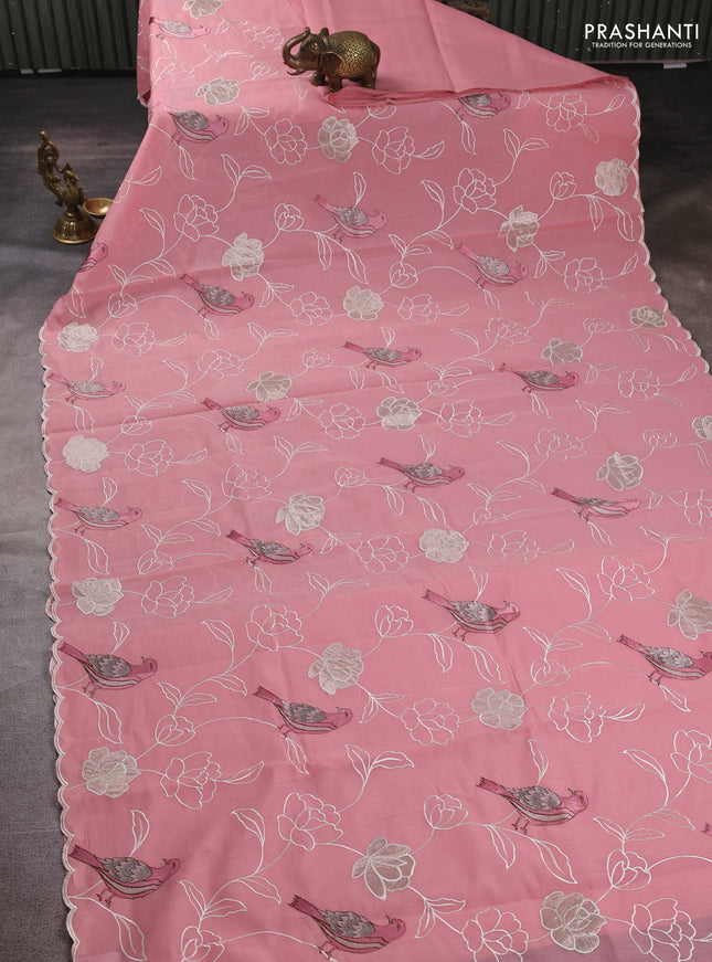 Mul chanderi saree peach pink with allover embroidery work and scallop border