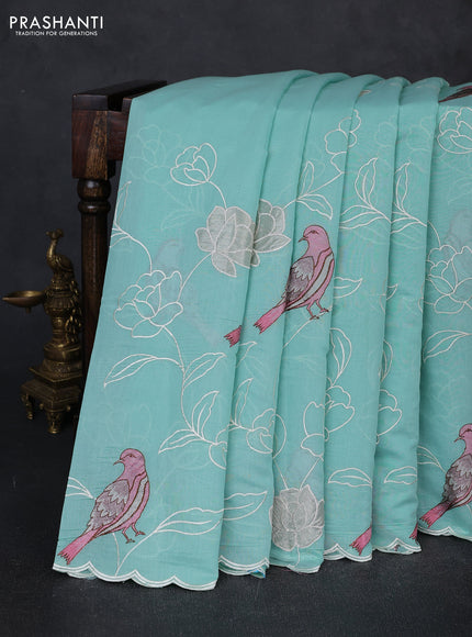 Mul chanderi saree teal blue with allover embroidery work and scallop border