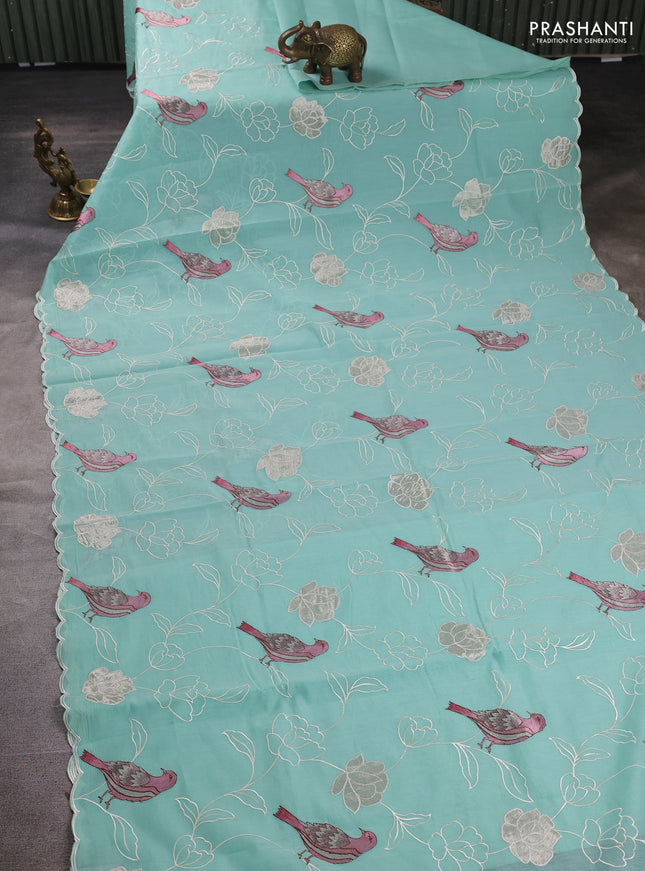 Mul chanderi saree teal blue with allover embroidery work and scallop border