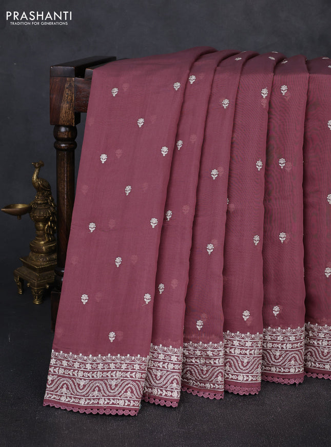 Mul chanderi saree rosy brown with embroidery buttas and embroidery border