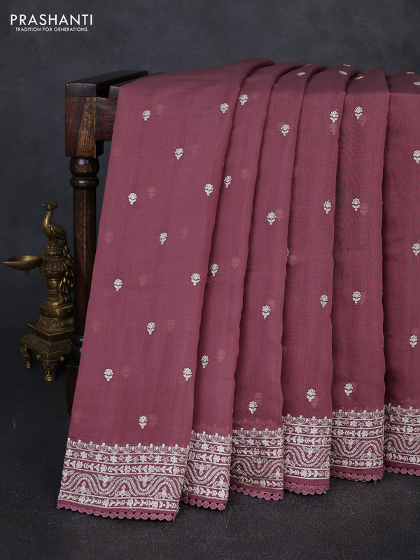 Mul chanderi saree rosy brown with embroidery buttas and embroidery border
