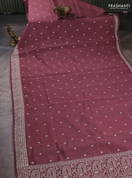 Mul chanderi saree rosy brown with embroidery buttas and embroidery border