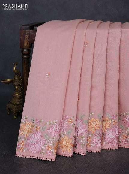Mul chanderi saree pastel peach with embroidery work and embroidery border