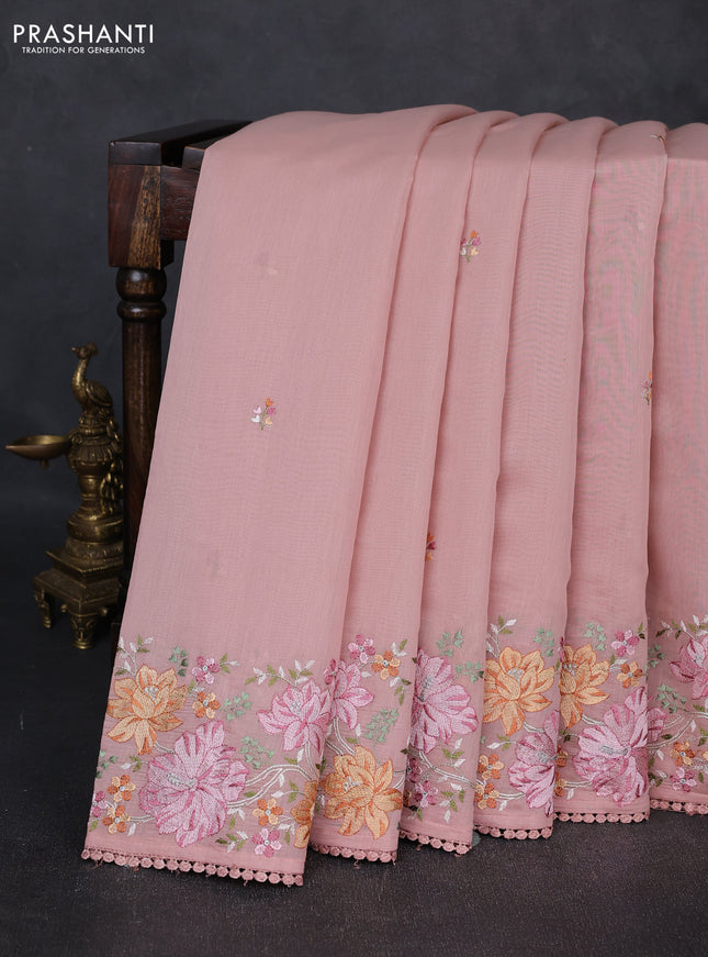Mul chanderi saree pastel peach with embroidery work and embroidery border