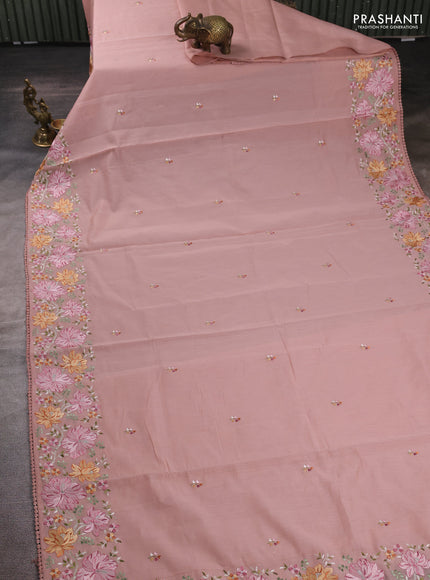 Mul chanderi saree pastel peach with embroidery work and embroidery border