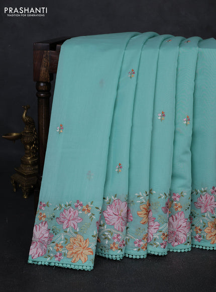 Mul chanderi saree teal green shade with embroidery work and embroidery border
