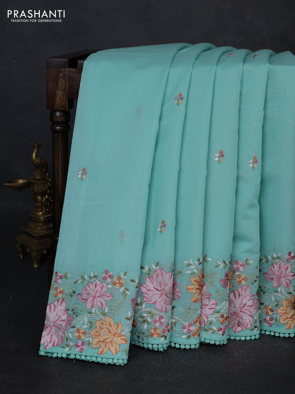 Mul chanderi saree teal green shade with embroidery work and embroidery border