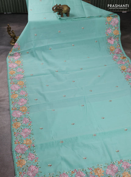 Mul chanderi saree teal green shade with embroidery work and embroidery border