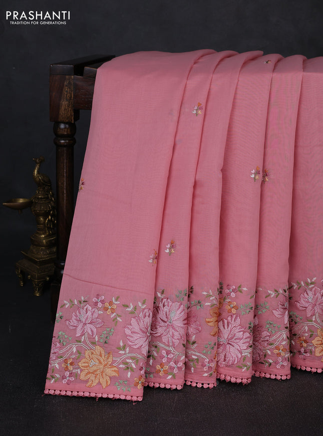 Mul chanderi saree peach pink with embroidery work and embroidery border