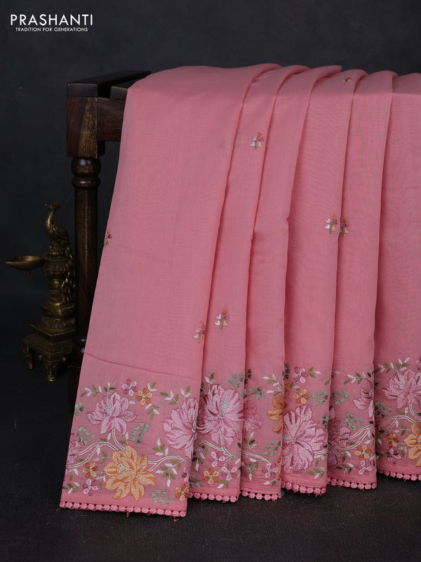 Mul chanderi saree peach pink with embroidery work and embroidery border