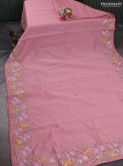 Mul chanderi saree peach pink with embroidery work and embroidery border