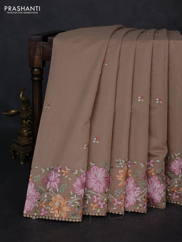 Mul chanderi saree beige with embroidery work and embroidery border