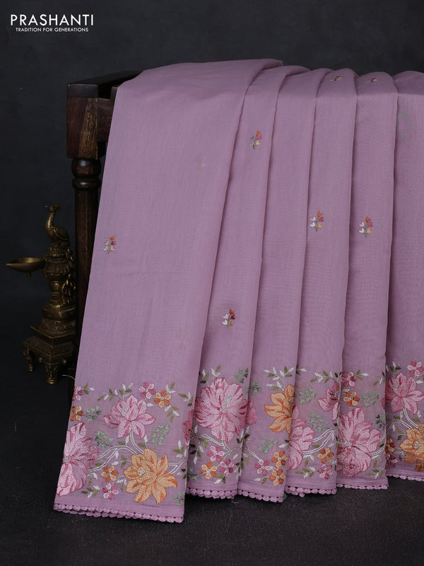 Mul chanderi saree lavender with embroidery work and embroidery border