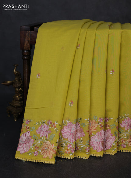 Mul chanderi saree lime yellow with embroidery work and embroidery border