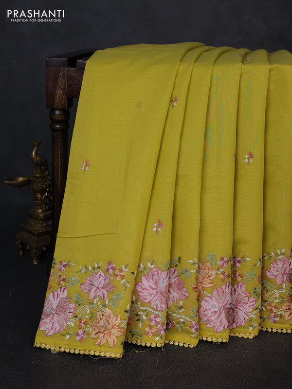 Mul chanderi saree lime yellow with embroidery work and embroidery border