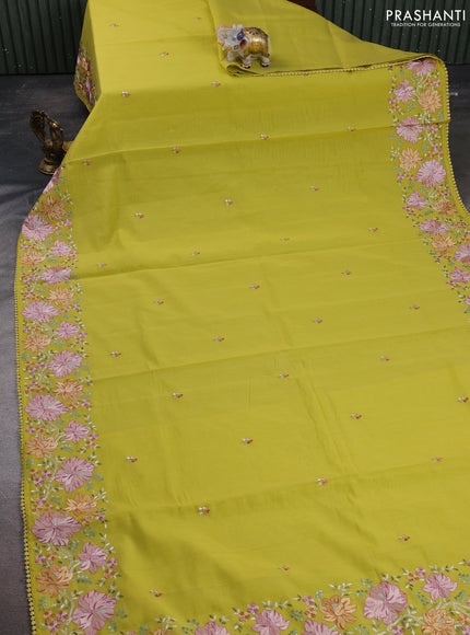 Mul chanderi saree lime yellow with embroidery work and embroidery border