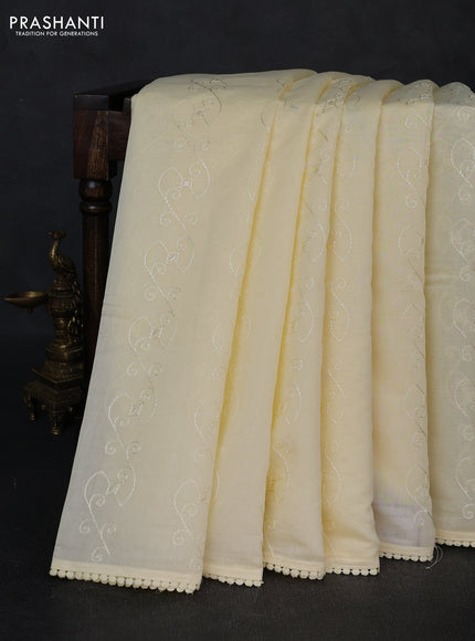 Mul chanderi saree pale yellow with allover embroidery work and crocia lace work border