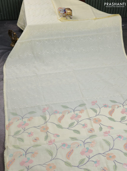Mul chanderi saree pale yellow with allover embroidery work and crocia lace work border