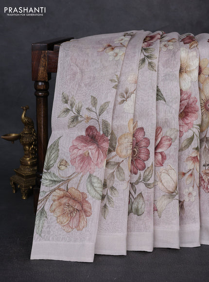 Pure linen silk saree pastel grey with allover floral digital prints and simple border