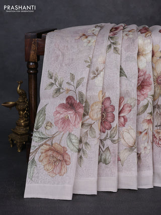 Pure linen silk saree pastel grey with allover floral digital prints and simple border