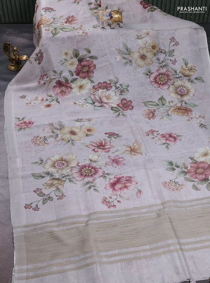 Pure linen silk saree pastel grey with allover floral digital prints and simple border