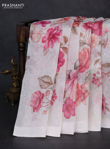 Pure linen silk saree off white with allover floral digital prints and simple border