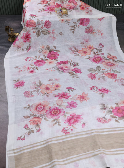Pure linen silk saree off white with allover floral digital prints and simple border