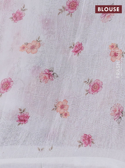 Pure linen silk saree off white with allover floral digital prints and simple border