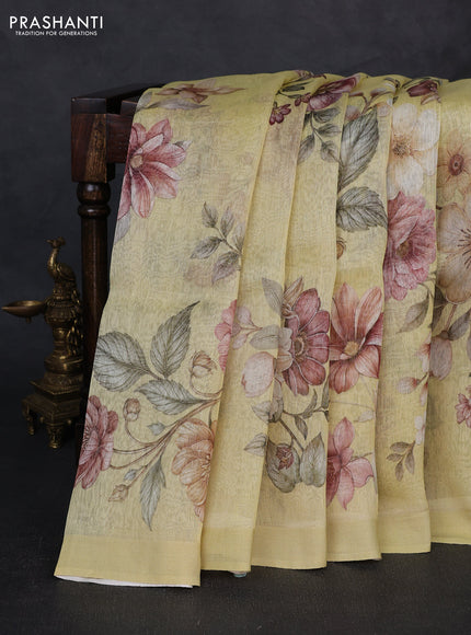 Pure linen silk saree pale yellow with allover floral digital prints and simple border
