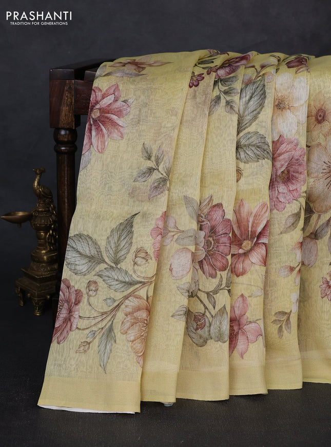 Pure linen silk saree pale yellow with allover floral digital prints and simple border