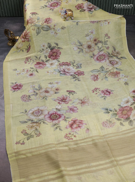 Pure linen silk saree pale yellow with allover floral digital prints and simple border