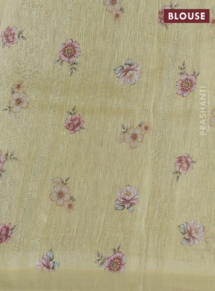 Pure linen silk saree pale yellow with allover floral digital prints and simple border