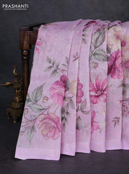 Pure linen silk saree lilac with allover floral digital prints and simple border